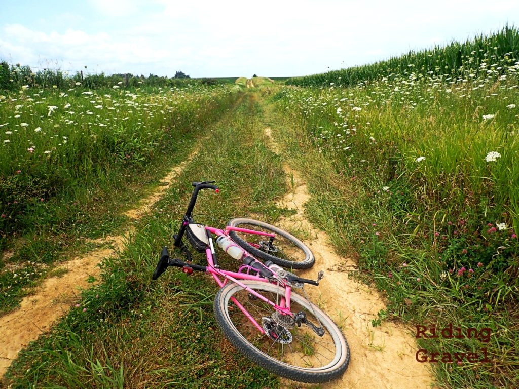 A bicycle laying on a rural dirt road
