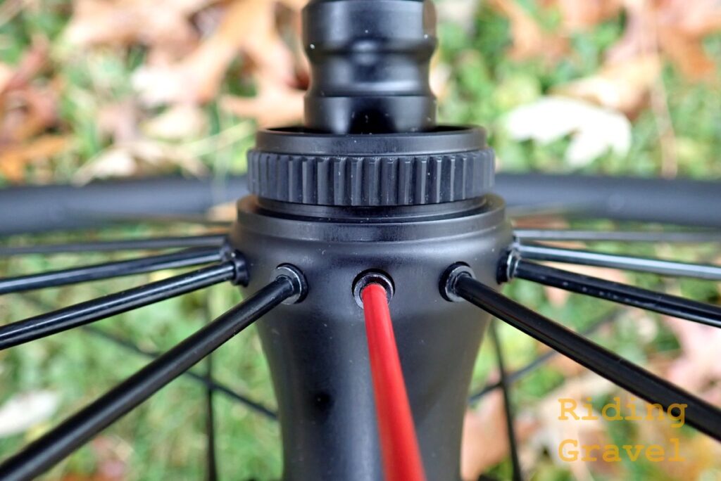 Detail of a Spinergy hub with PBO spokes