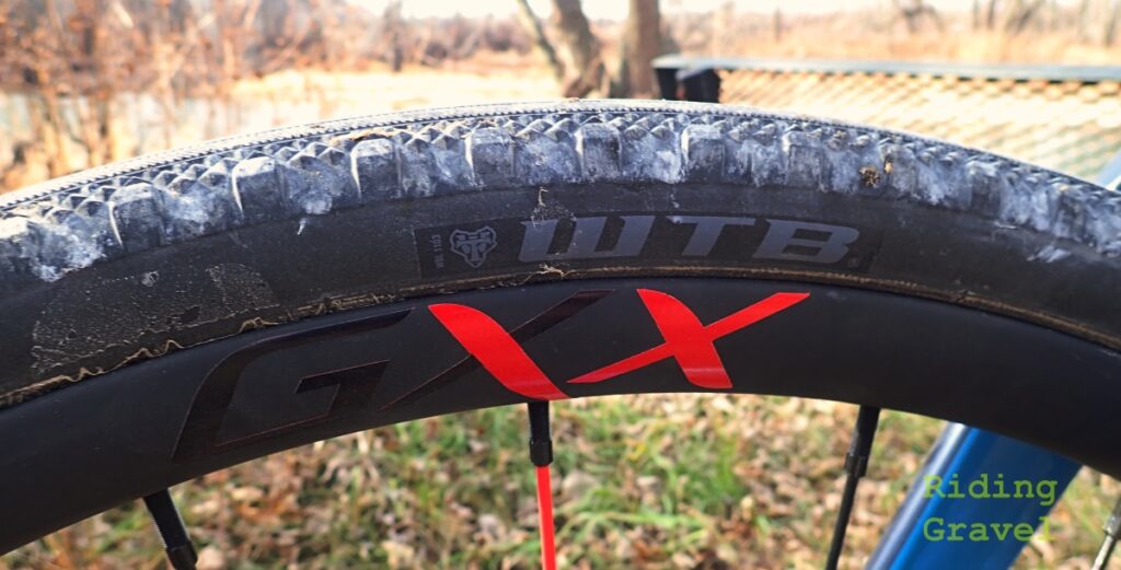 Detail of the WTB Byway SG2 gravel tire on a Spinergy wheel