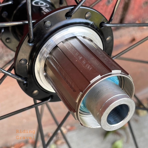Close up of the rear hub on the Astral Wanderlust wheel.