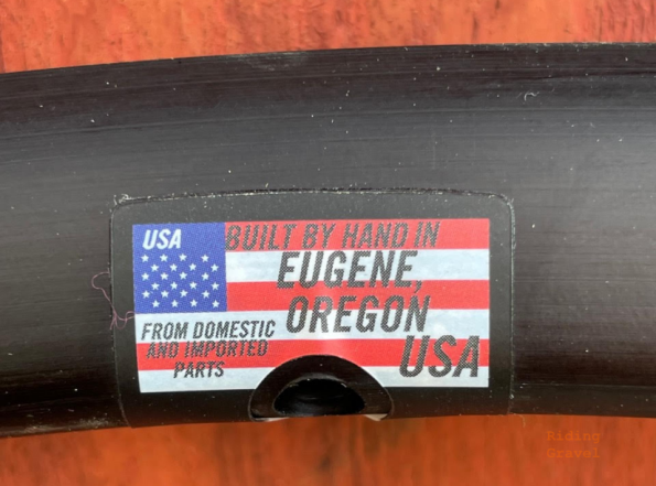 Sticker showing that the wheels are built by hand in Oregon USA.