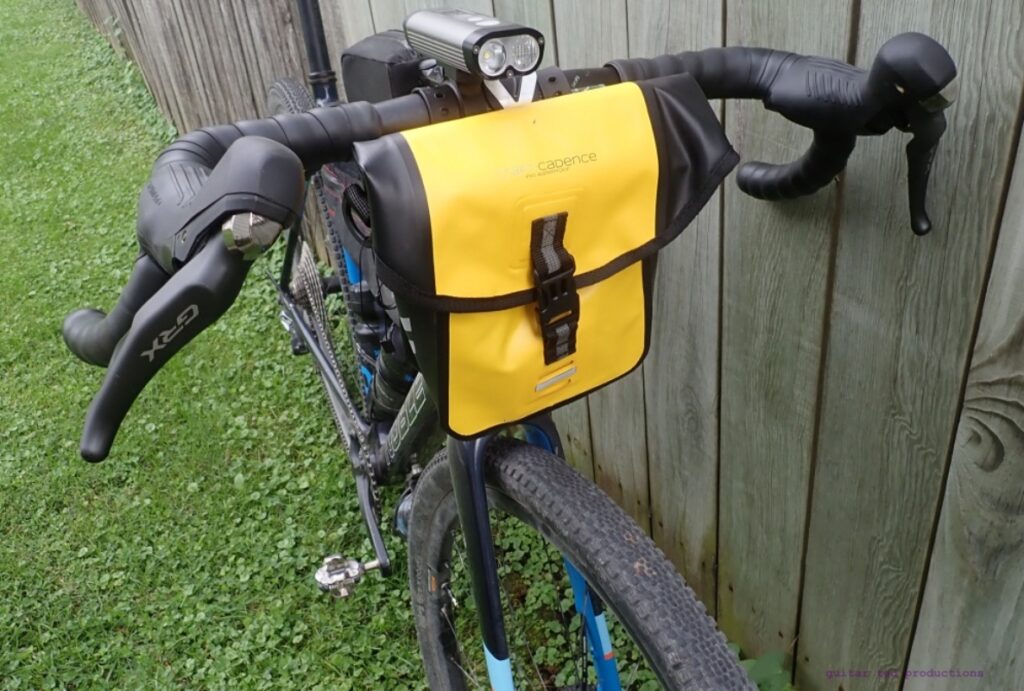 The Craft Cadence Handle Bar Bag on the front of Guitar Ted's bike