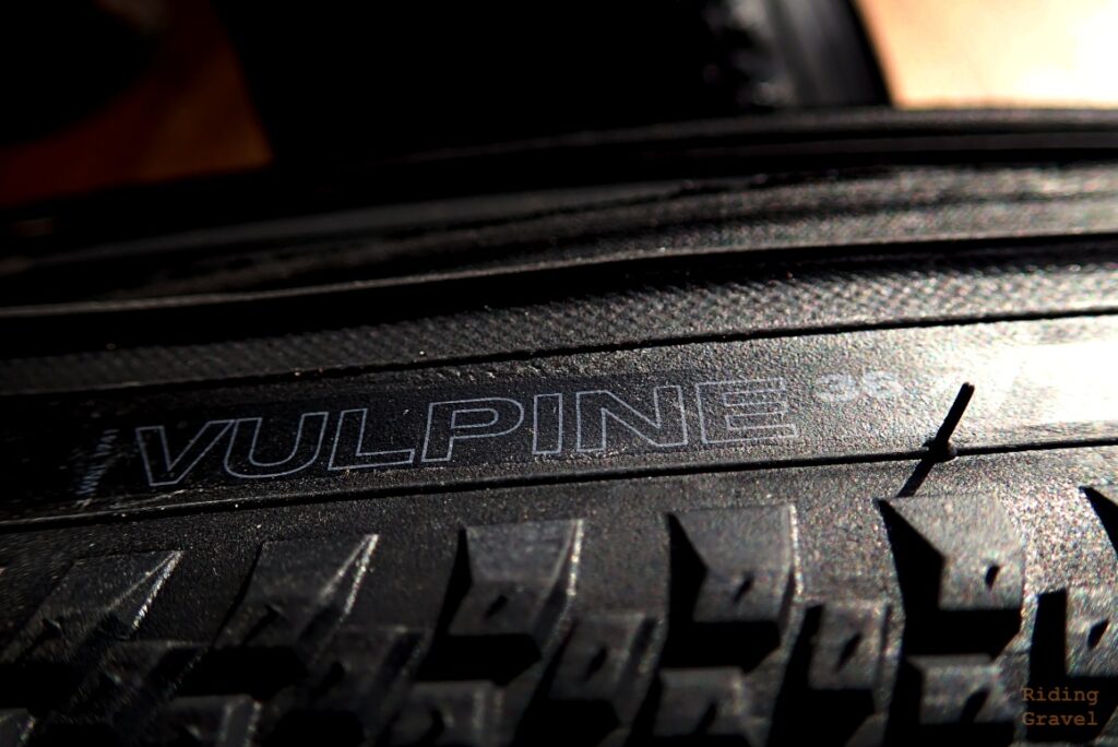 Close up detail shot of the Vulpine branding on the SG2 version of the tire.