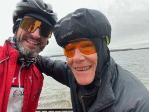 Trenton Raygor (L) and autho John Ingham on a cold weather ride.