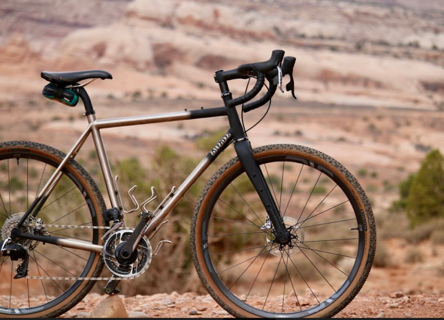 The titanium Wilde Bicycle co. Earth Ship in a desert setting.