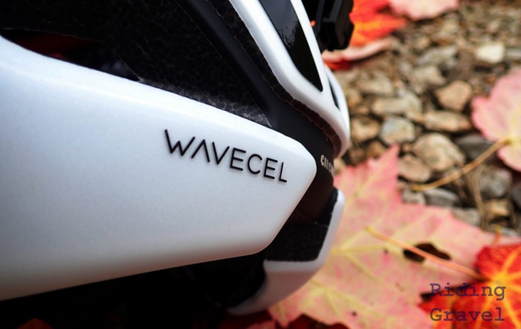 Close-up detail shot on the waveCel branding on the Circuit WaveCel helmet.