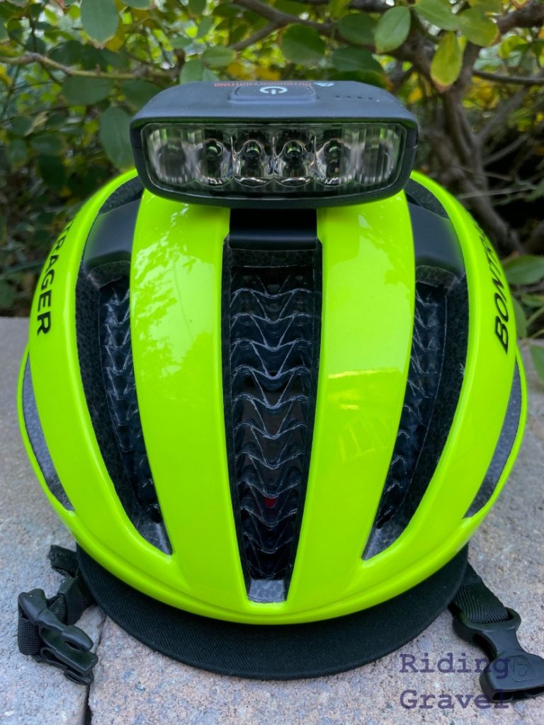 A front view of the Circuit WaveCel helmet with a light mounted on the top of it.