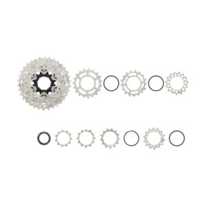 An exploded view of a Shimano 105 12 speed cassette.