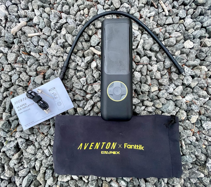 Aventon X8 Inflator out of packaging on a bed of rocks