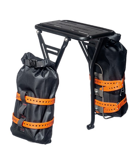 Stock photo of an OMM Elkhorn Rack set up with dry bags on cages mounted to the rack
