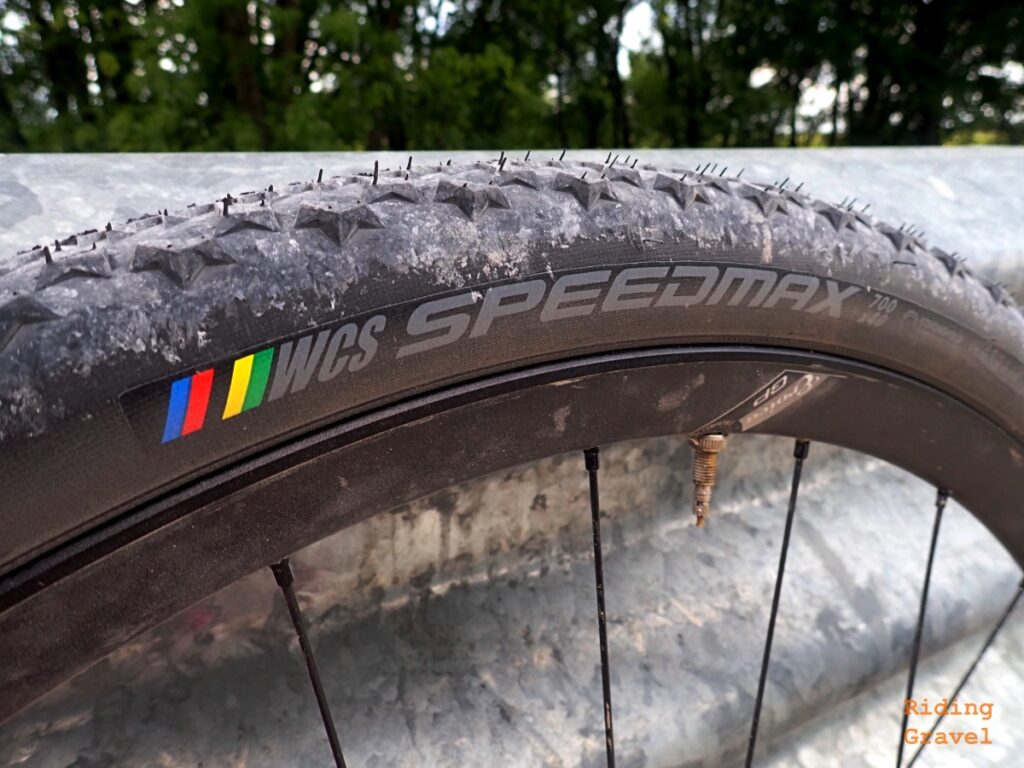 A close up of the 'hot patch' on the WCS Speedmax tire in a rural setting.