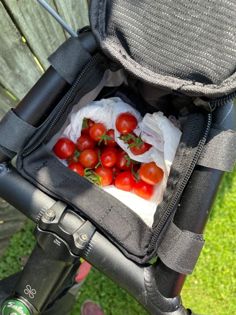 A view of the cargo space for the bag with cherry tomatoes inside. 