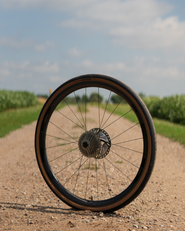 A rear wheel on a gravel road in a rural setting