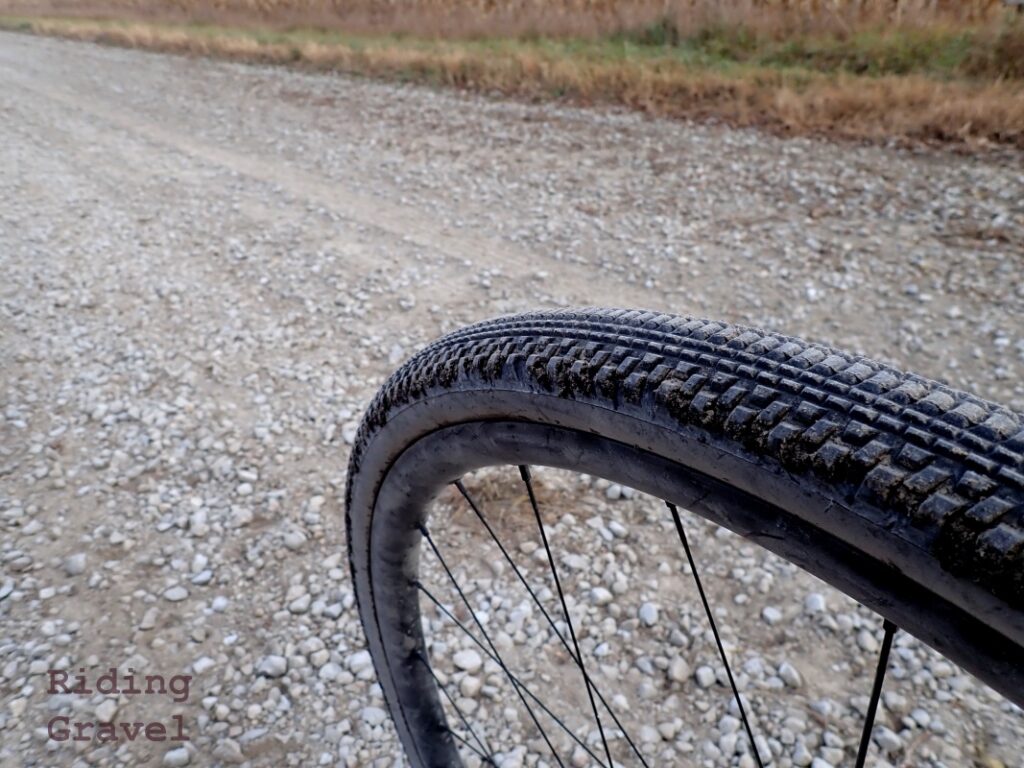 The WTB  tire close up on a gravel road