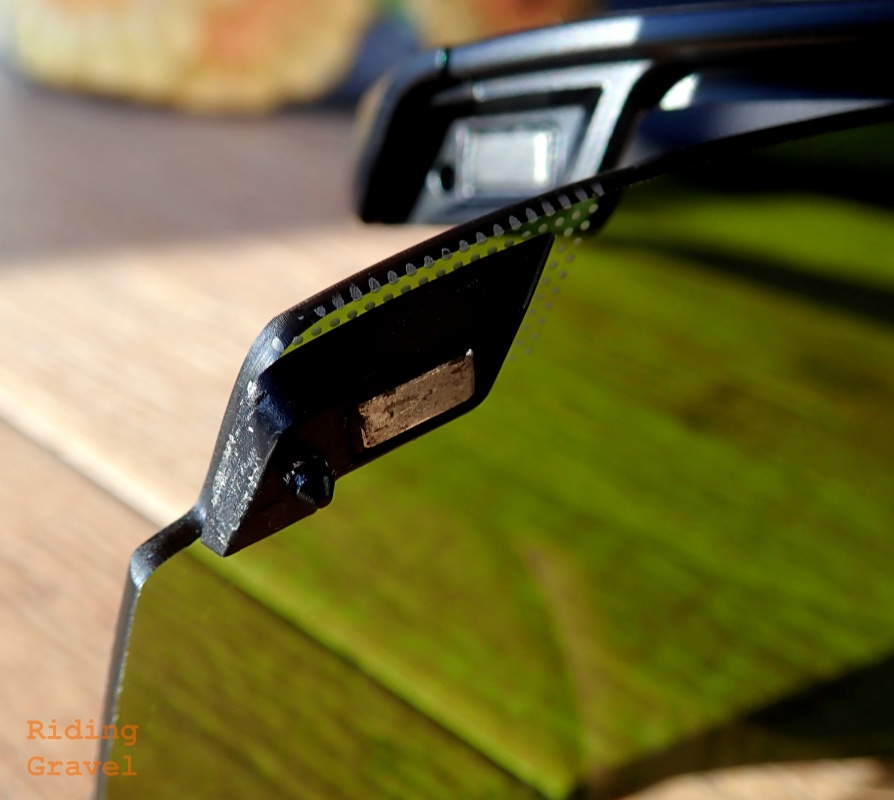 Detail shot showing magnets in the lens and frame of the Ridescape GR glasses.