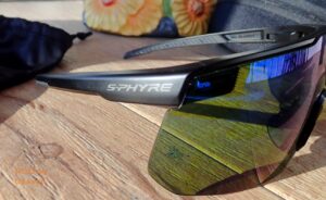 Sideview of the S-Phyre Ridescape GR Sunglasses on a table. 