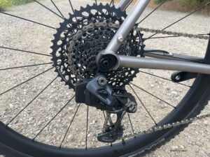 Close up of the rear cassette and derailleur. 