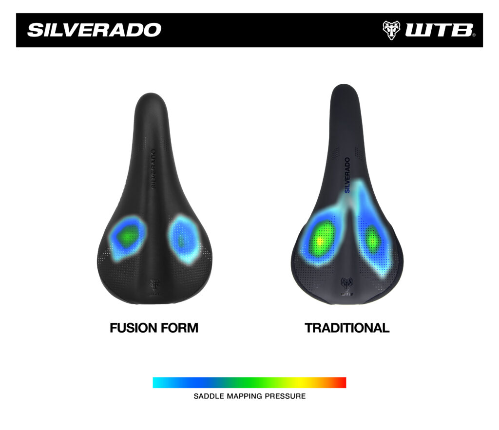 Image showing pressure mapping heat color gradients on the old Silverado and new Silverado saddles. American Classic, WTB