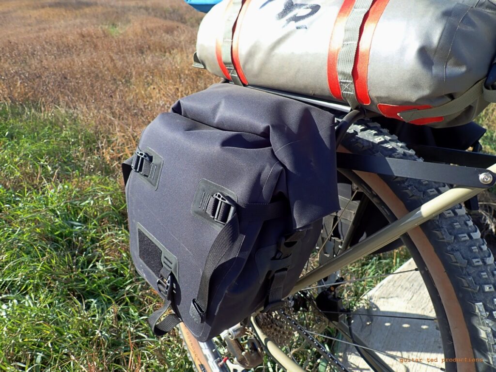 Close-up of the Ponderosa panniers mounted on a bike.